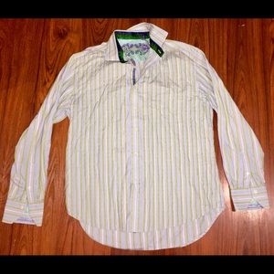 ROBERT GRAHAM BLUE/GREEN STRIPED LNG-SLV SHIRT-XL